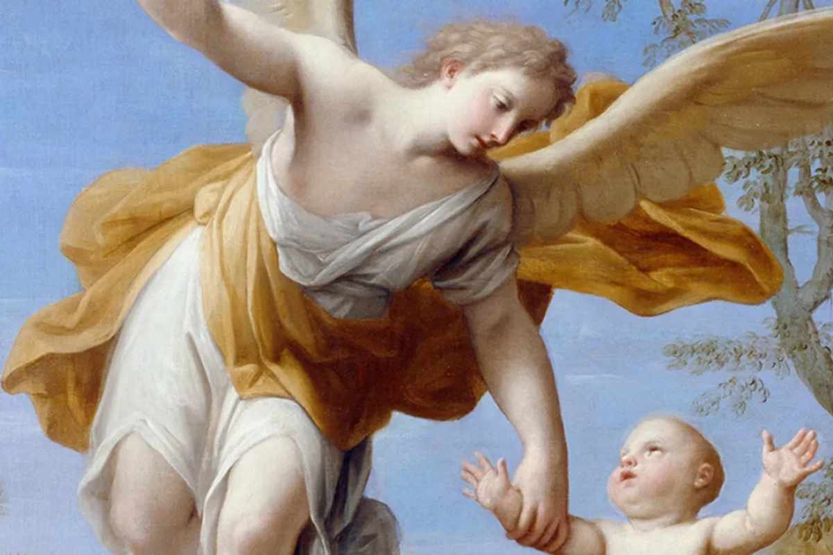 angelo custode che prende per mano un bambino